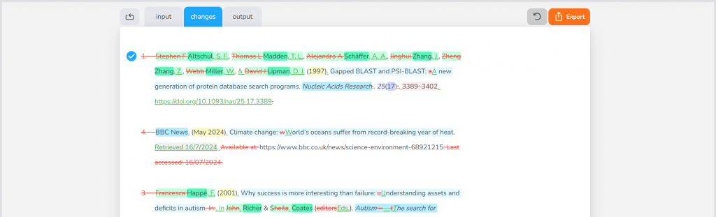 Screenshot of Thrix showing some references edited in the APA format.
