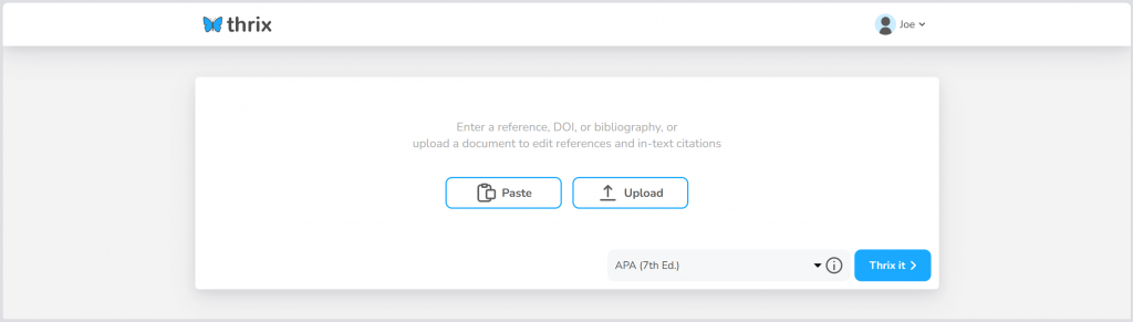 Screenshot showing the Thrix user interface, before any references have been entered.